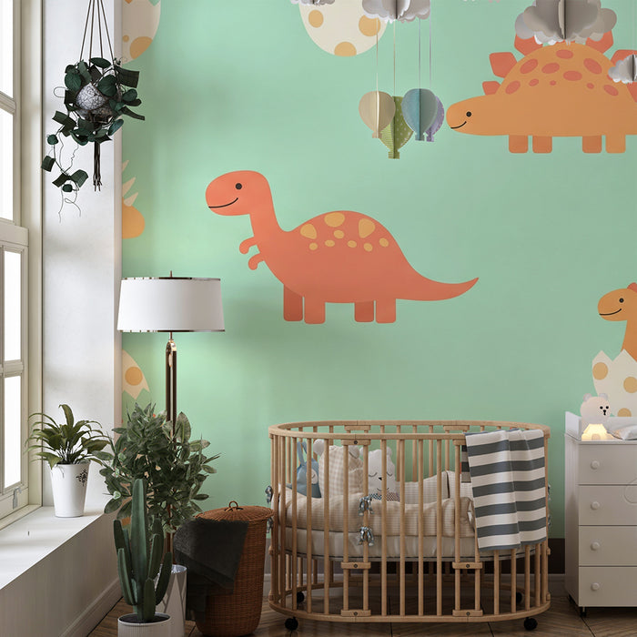 Nursery room wallpaper | Happy dinosaurs and colorful eggs on a mint background