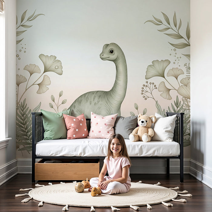 Nursery room wallpaper | Diplodocus surrounded by soft foliage and delicate flowers