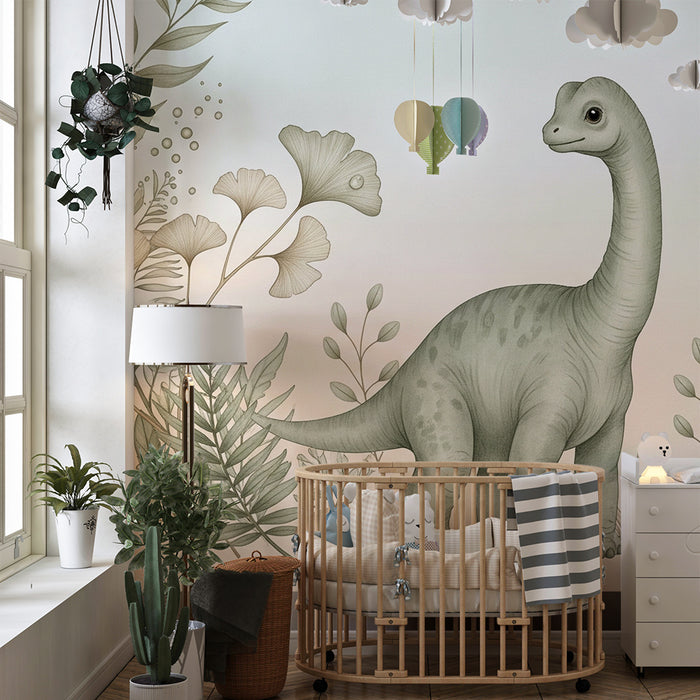 Nursery room wallpaper | Diplodocus surrounded by soft foliage and delicate flowers