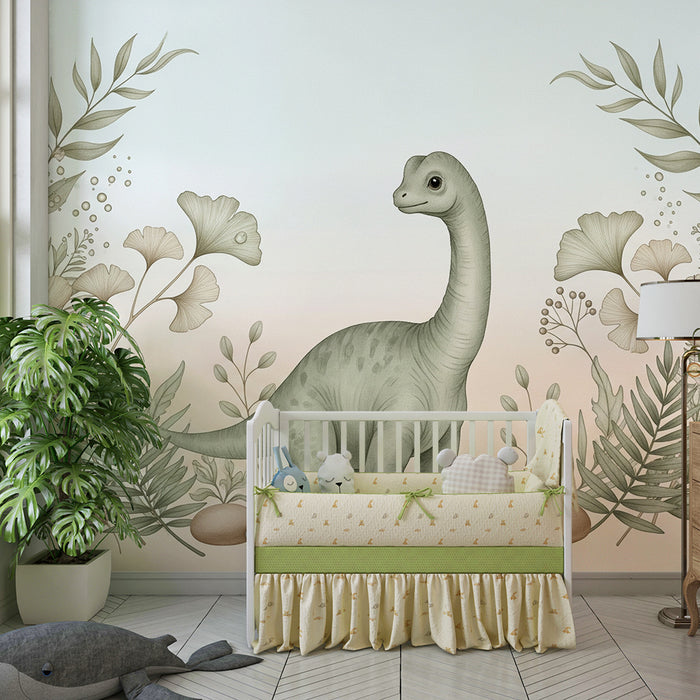 Nursery room wallpaper | Diplodocus surrounded by soft foliage and delicate flowers