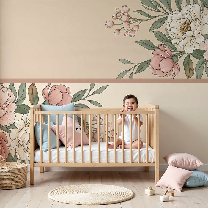 Papier peint chambre bébé | Double fleurs et feuillage dans des tons pastel