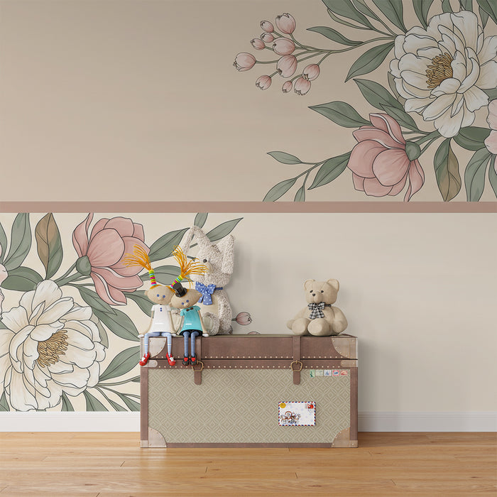 Papier peint chambre bébé | Double fleurs et feuillage dans des tons pastel