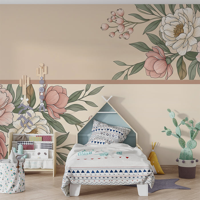 Papier peint chambre bébé | Double fleurs et feuillage dans des tons pastel