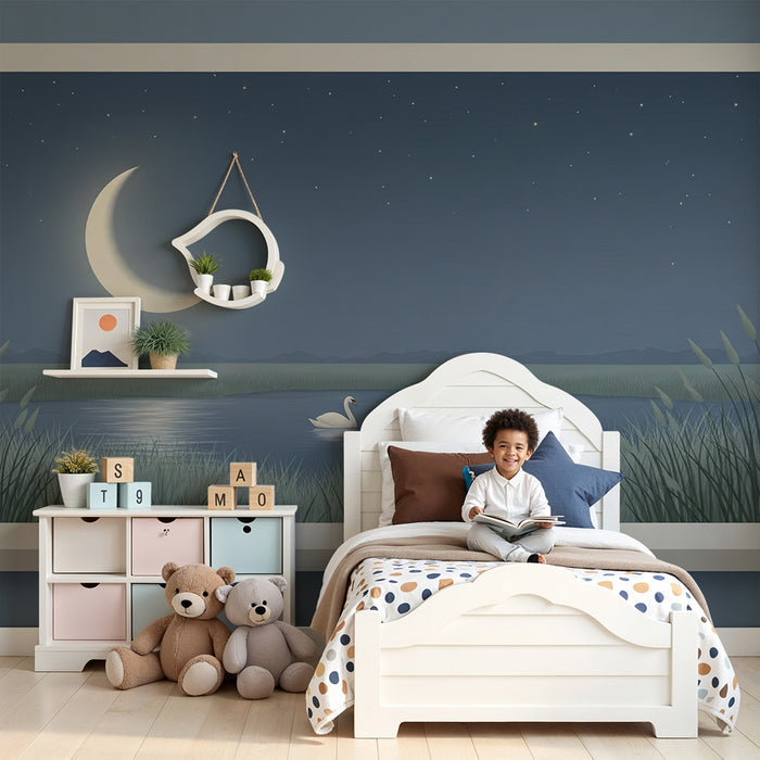 Papier peint chambre bébé | Douce nuit étoilée avec cygnes au clair de lune