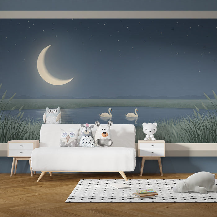 Papier peint chambre bébé | Douce nuit étoilée avec cygnes au clair de lune