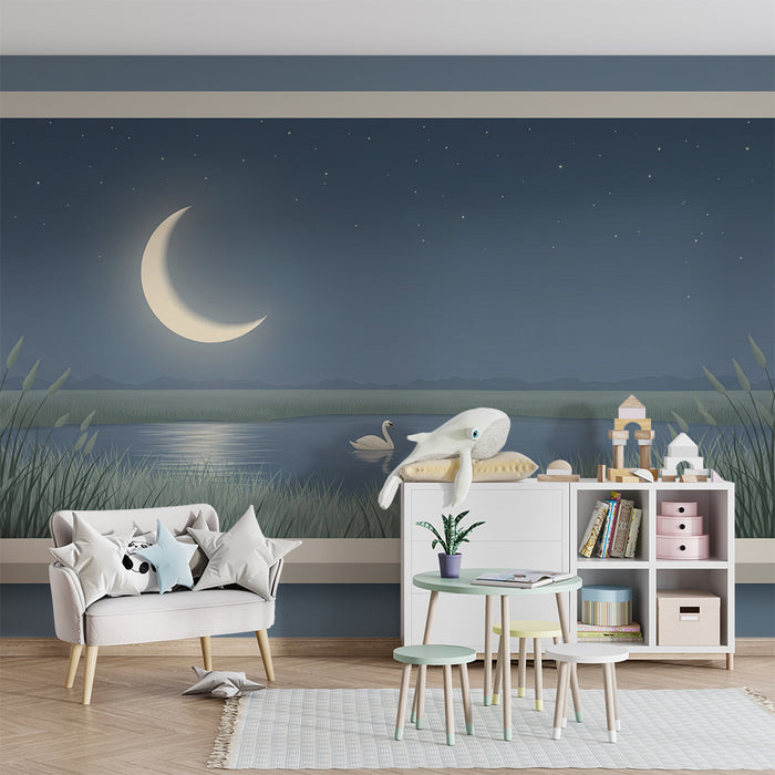 Papier peint chambre bébé | Douce nuit étoilée avec cygnes au clair de lune