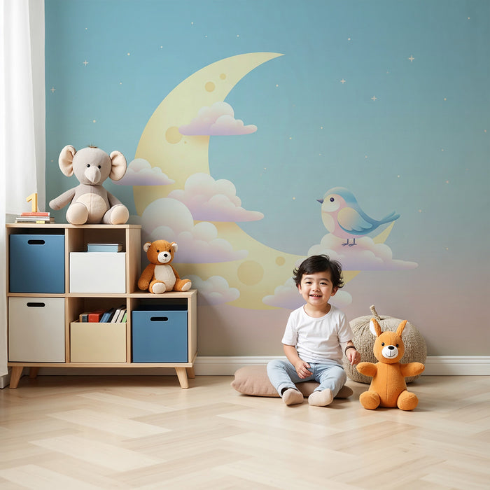 Nursery room wallpaper | Sweet starry night with moon and bird