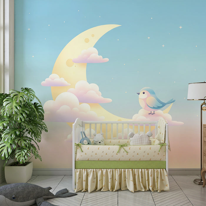 Nursery room wallpaper | Sweet starry night with moon and bird