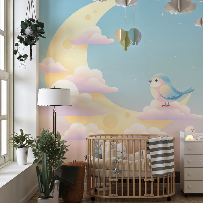 Nursery room wallpaper | Sweet starry night with moon and bird