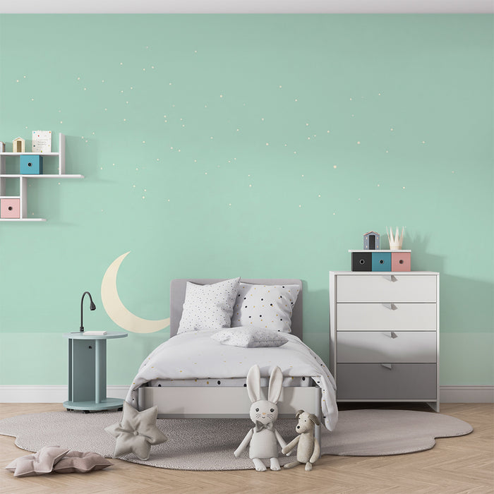 Papel de parede quarto bebê | Noite doce estrelada com lua verde-água