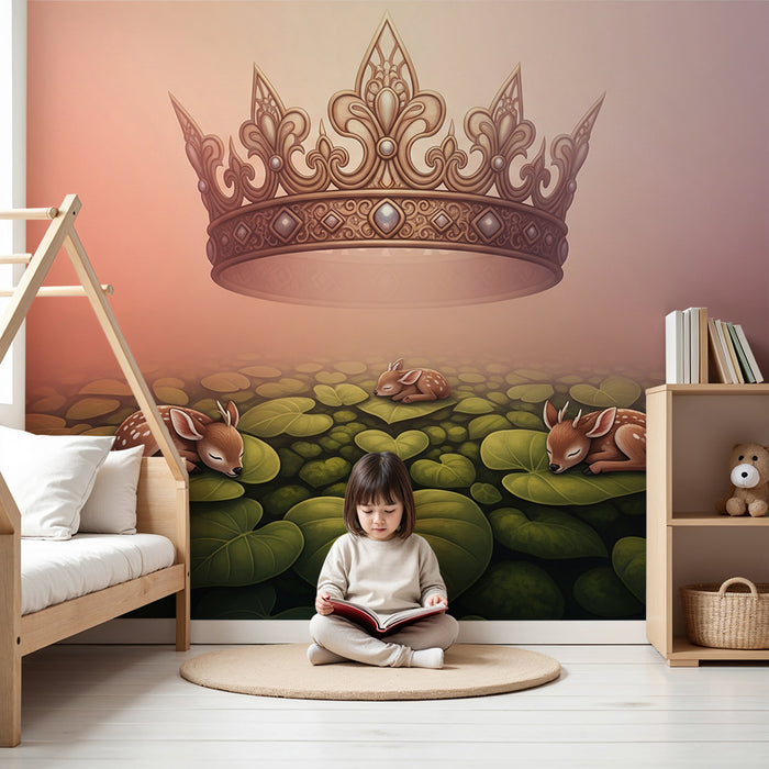 Børneværelse tapet | Blide sovende rådyr under en magisk krone