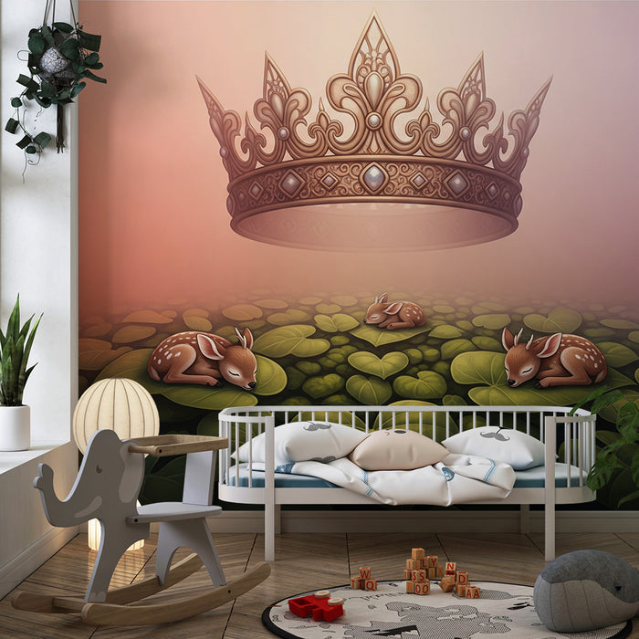 Børneværelse tapet | Blide sovende rådyr under en magisk krone