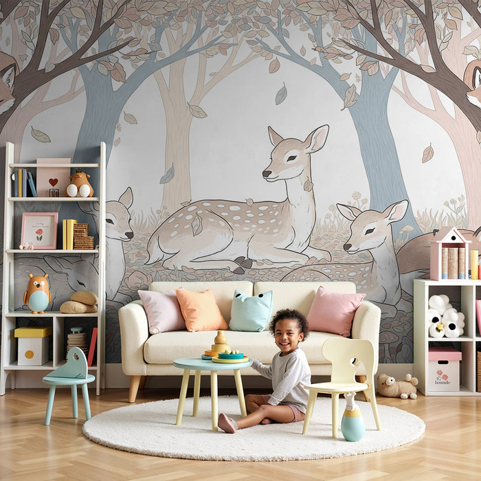 Carta da parati bambini | Dolci cerbiatti e volpi in una foresta tranquilla