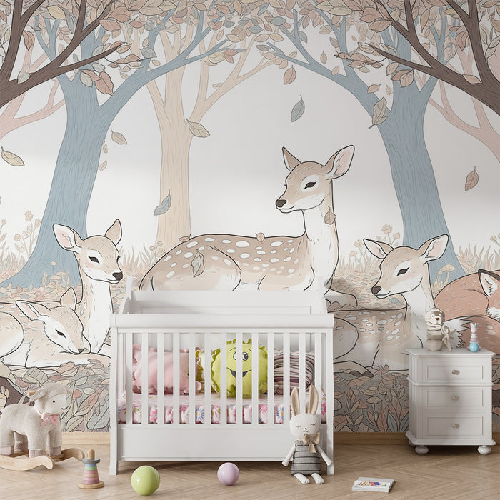 Carta da parati bambini | Dolci cerbiatti e volpi in una foresta tranquilla