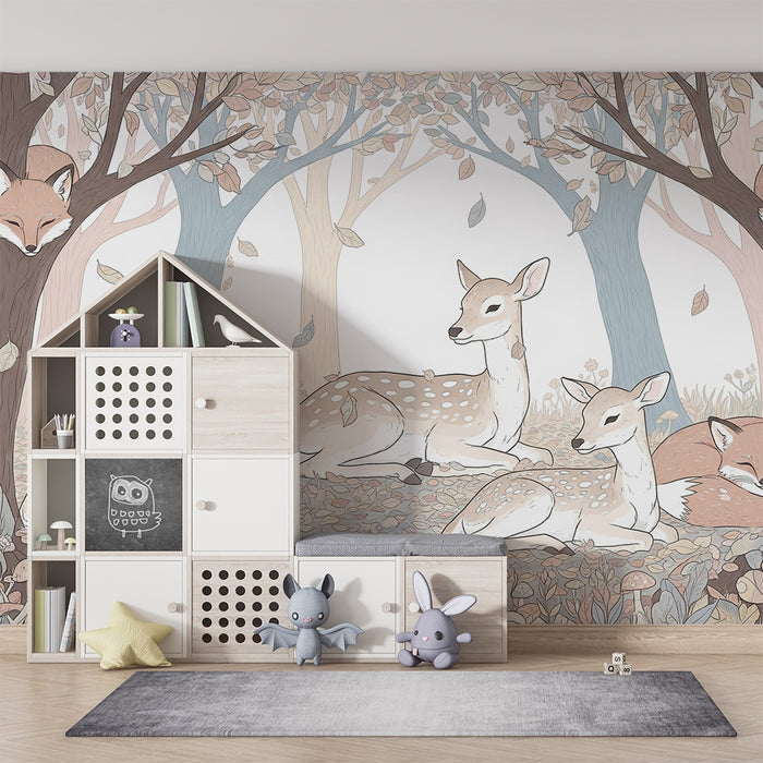 Carta da parati bambini | Dolci cerbiatti e volpi in una foresta tranquilla