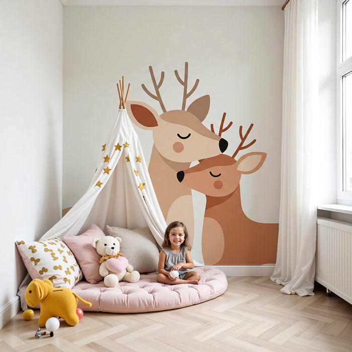 Nursery room wallpaper | Soft deer and tender hugs in a soothing decor