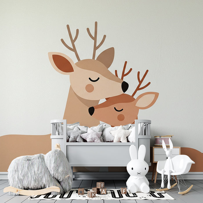 Nursery room wallpaper | Soft deer and tender hugs in a soothing decor