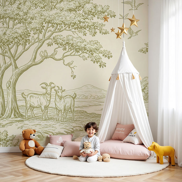 Carta da parati per cameretta baby | Dolci capre sul bordo del fiume circondate dal verde