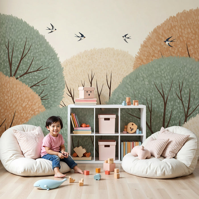 Papier peint chambre bébé | Douces collines colorées avec oiseaux en vol