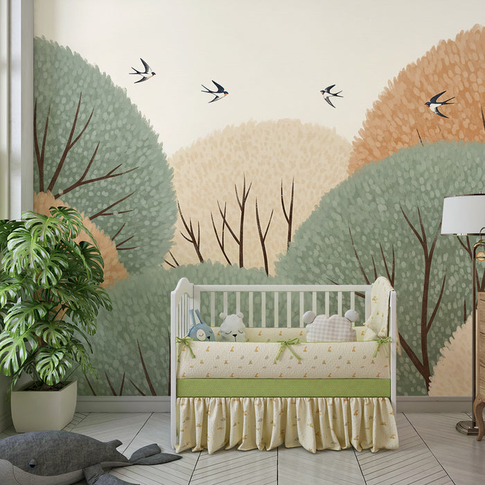 Papier peint chambre bébé | Douces collines colorées avec oiseaux en vol