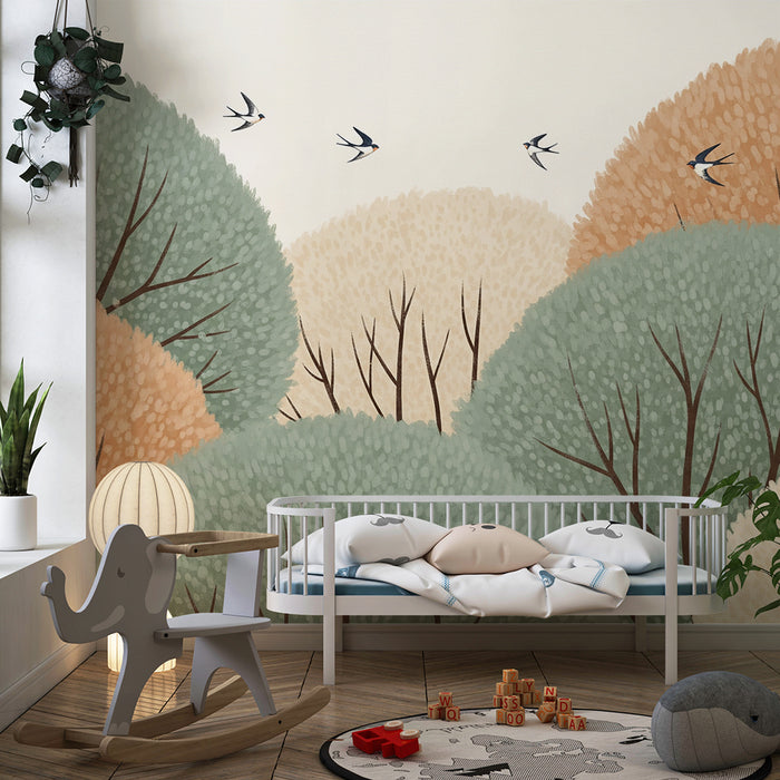 Papier peint chambre bébé | Douces collines colorées avec oiseaux en vol