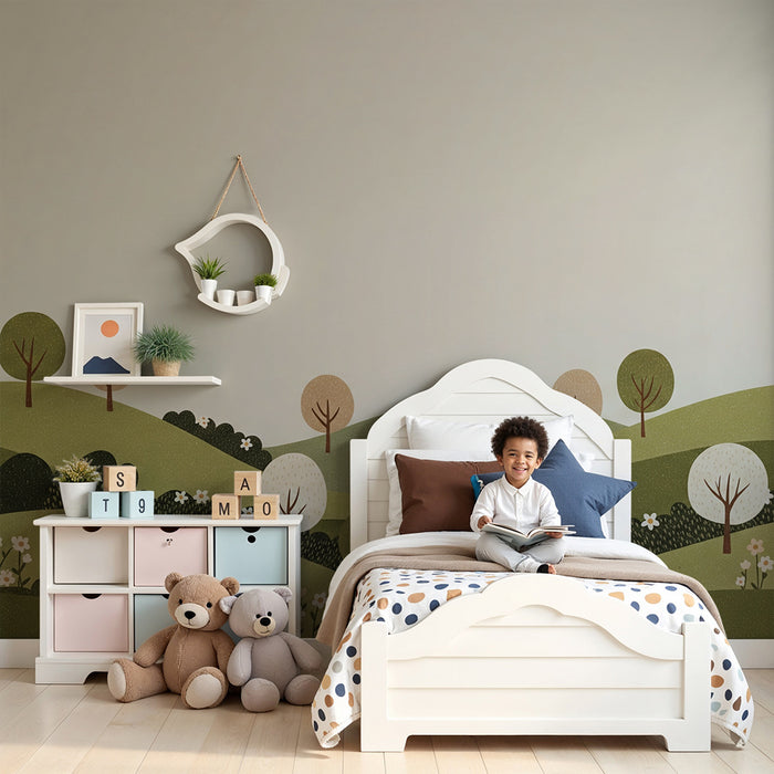 Tapet pentru camera copilului | Peisaj liniștitor cu dealuri delicate și copaci colorați