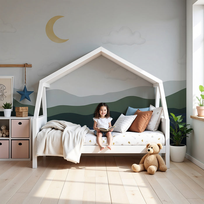 Papel de parede quarto bebê | Nežne hribovje in zvezdnato nebo z zlato luno