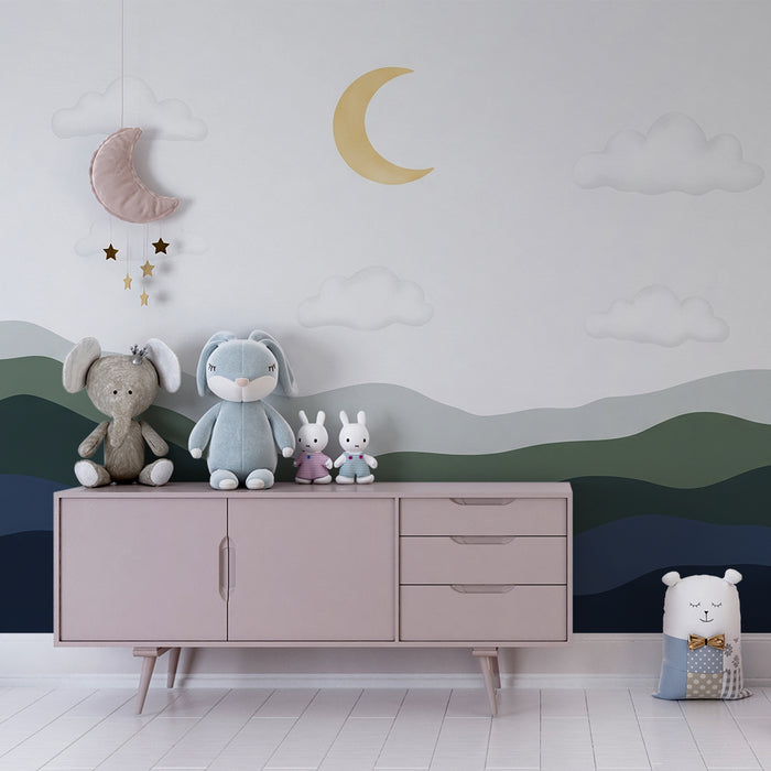Papel de parede quarto bebê | Nežne hribovje in zvezdnato nebo z zlato luno