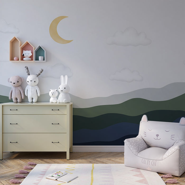 Papel de parede quarto bebê | Nežne hribovje in zvezdnato nebo z zlato luno