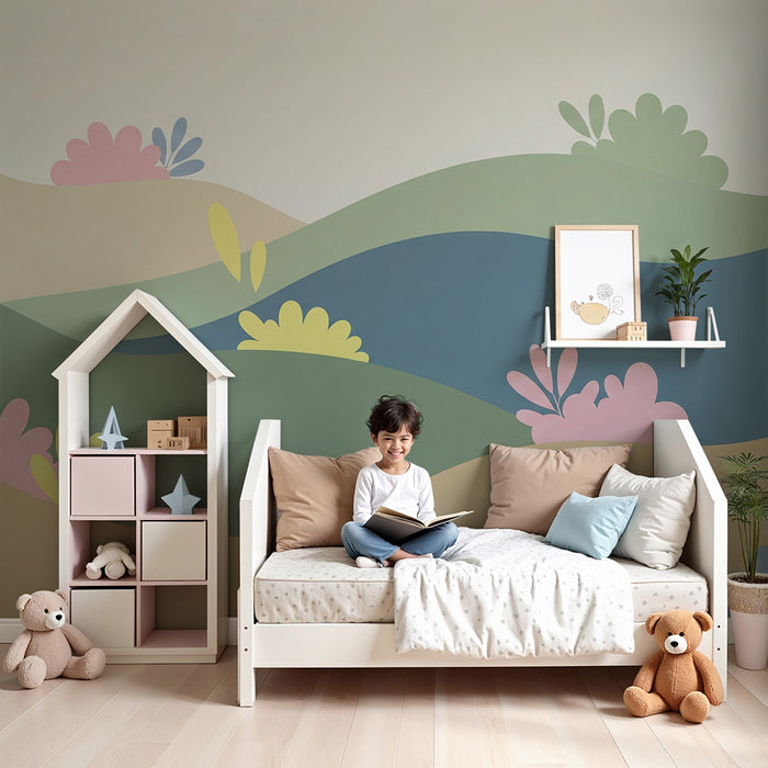 Barntapet | Mjuka kullar och pastellblommor i en lugnande landskapsvy