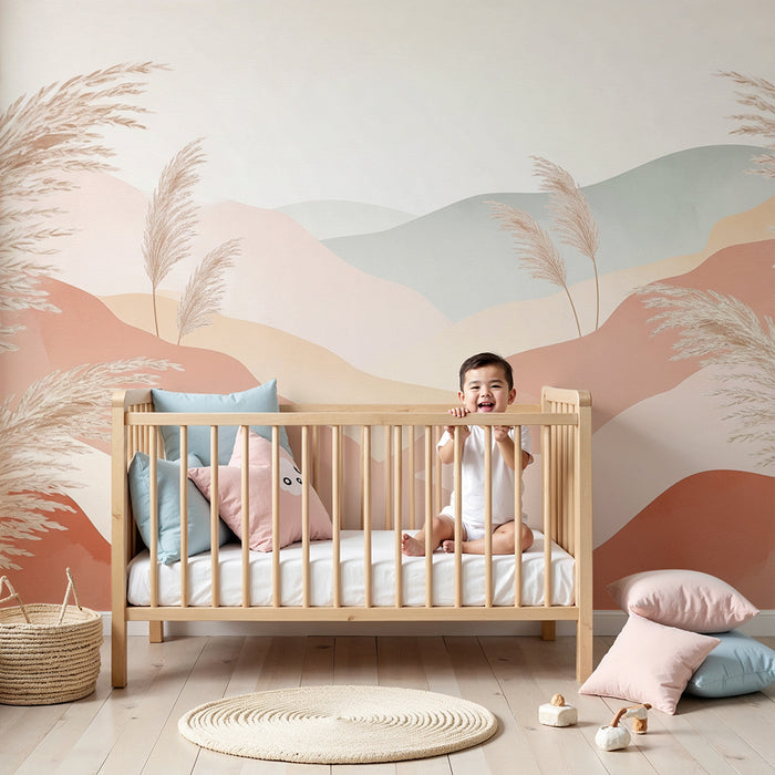 Lastenhuoneen tapetti | Lempeät kukkulat ja pampasheinät pastellisävyissä