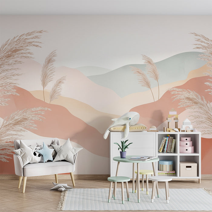 Lastenhuoneen tapetti | Lempeät kukkulat ja pampasheinät pastellisävyissä