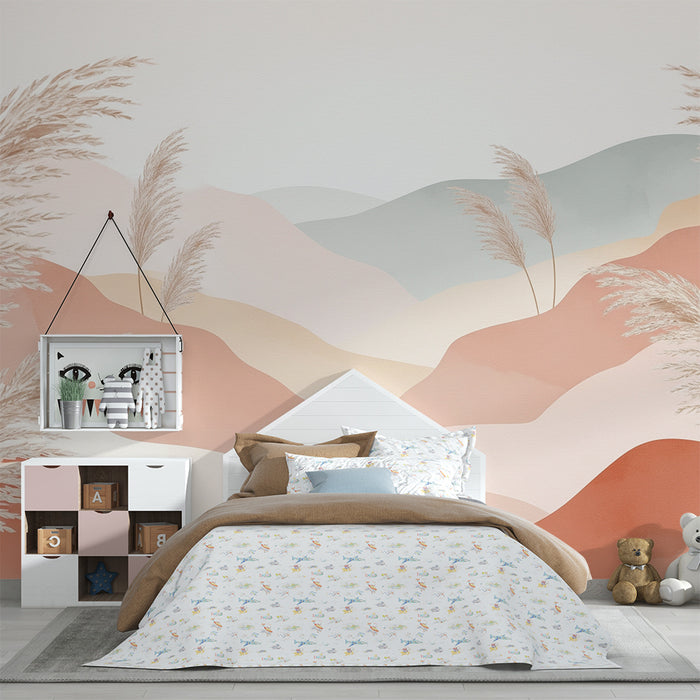 Lastenhuoneen tapetti | Lempeät kukkulat ja pampasheinät pastellisävyissä