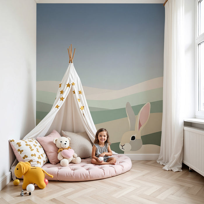 Papel de parede quarto bebê | Nežni griči in zajec v pomirjujoči pokrajini