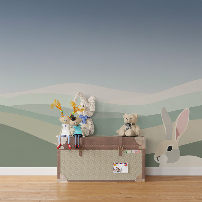 Papel de parede quarto bebê | Nežni griči in zajec v pomirjujoči pokrajini