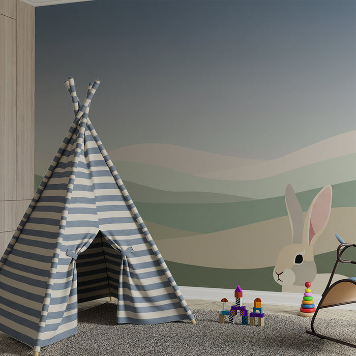 Papel de parede quarto bebê | Nežni griči in zajec v pomirjujoči pokrajini