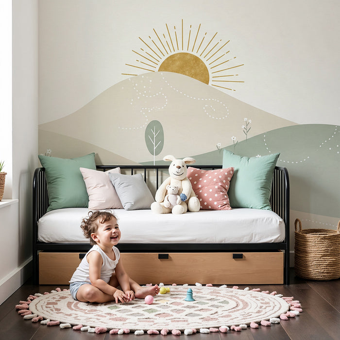 Nursery room wallpaper | Soft hills and minimalist sunrise