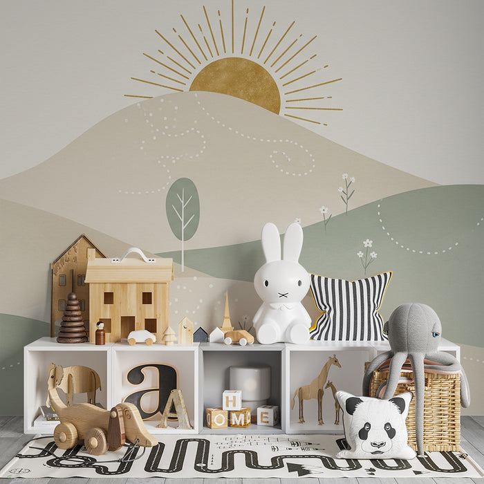Nursery room wallpaper | Soft hills and minimalist sunrise