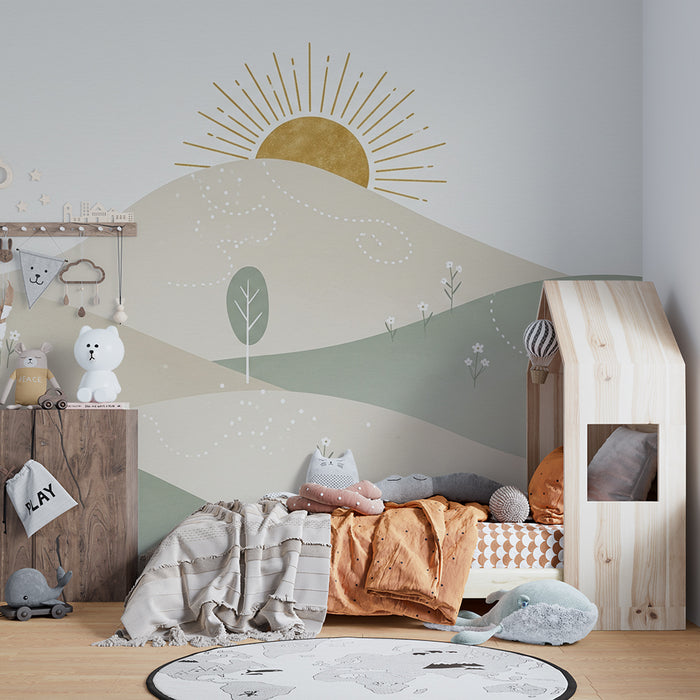 Nursery room wallpaper | Soft hills and minimalist sunrise