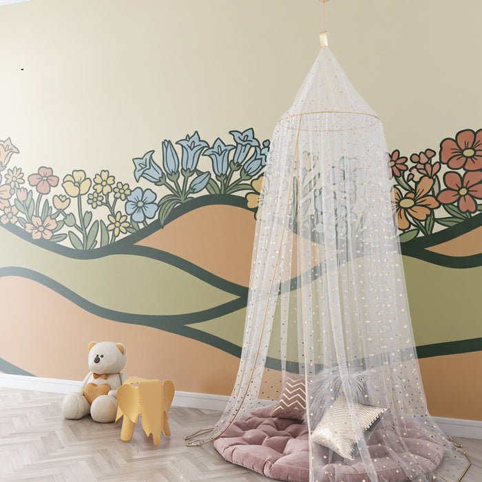 Papier peint chambre bébé | Douces collines fleuries aux teintes pastel