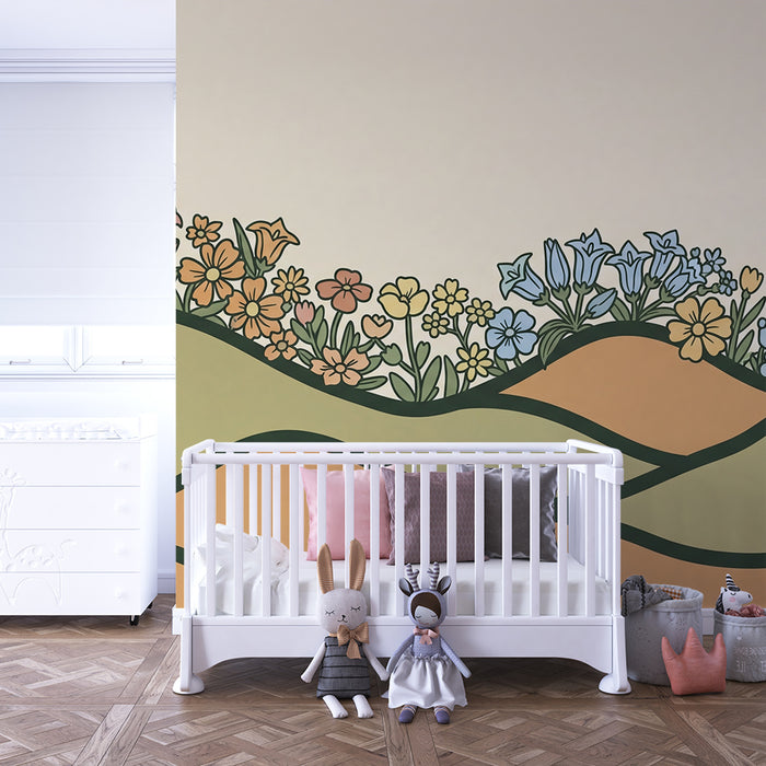 Papier peint chambre bébé | Douces collines fleuries aux teintes pastel