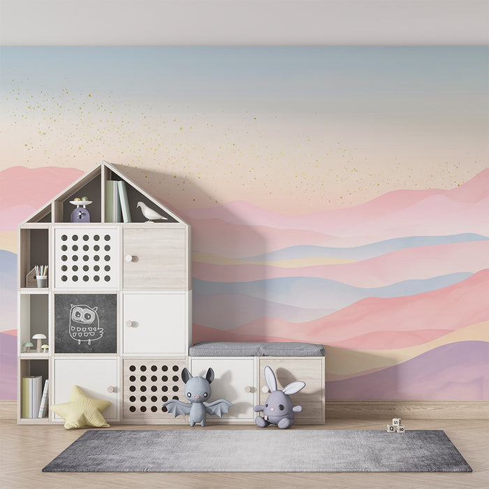 Papier peint chambre bébé | Douces collines pastel avec éclats dorés