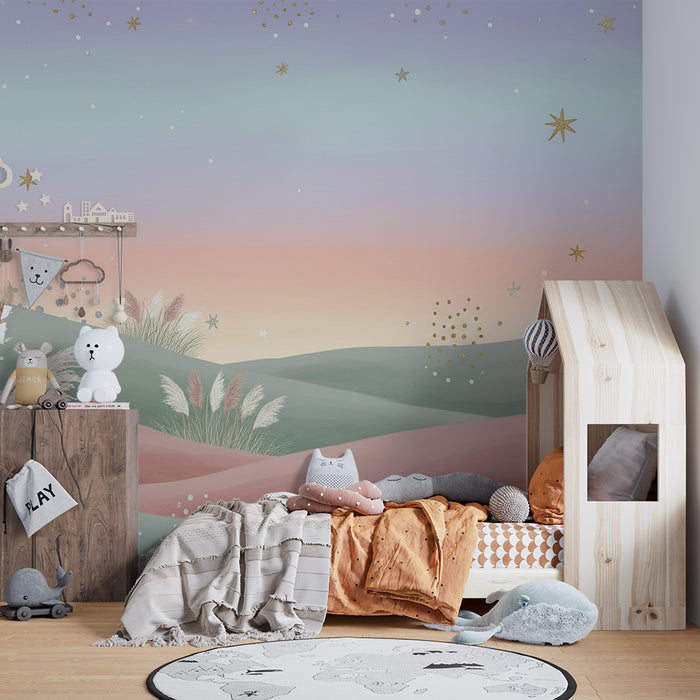 Lastenhuoneen tapetti | Lempeät pastelliväriset kukkulat kimaltelevine tähtineen