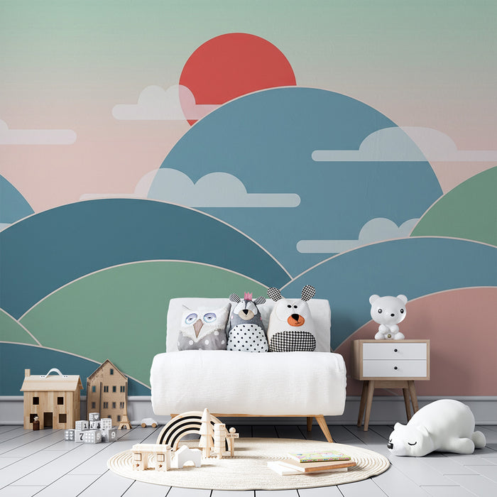 Lastenhuoneen tapetti | Lempeät pastelliväriset kukkulat ja rauhoittava taivas