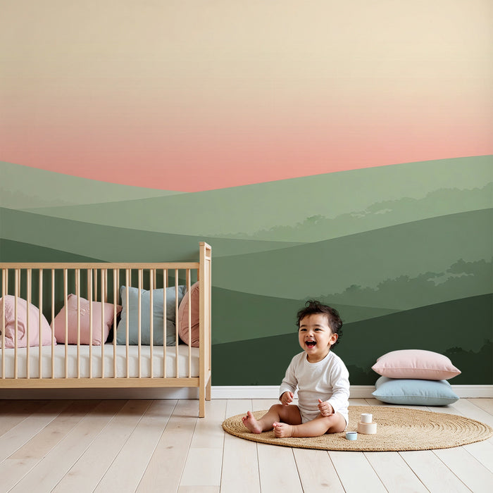 Tapeta dětského pokoje | Jemné zelené kopce při západu slunce