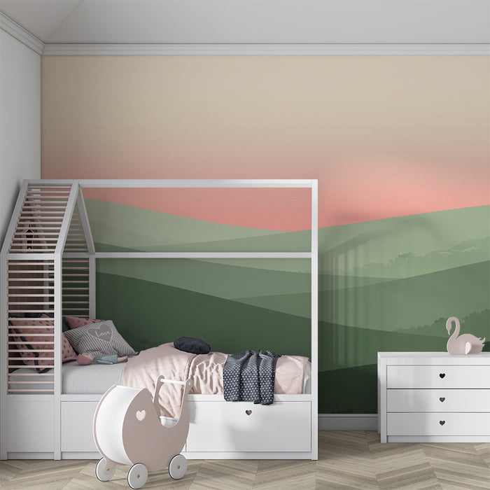 Tapeta dětského pokoje | Jemné zelené kopce při západu slunce
