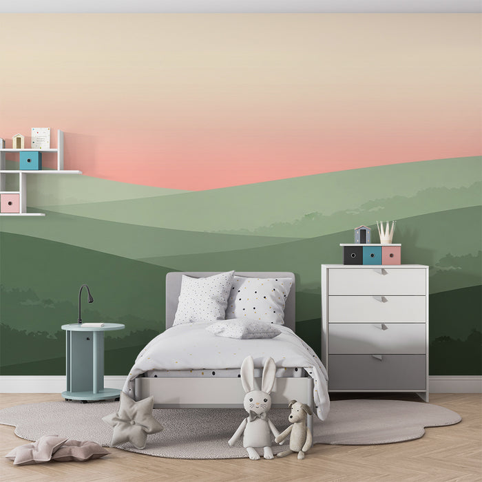 Tapeta dětského pokoje | Jemné zelené kopce při západu slunce