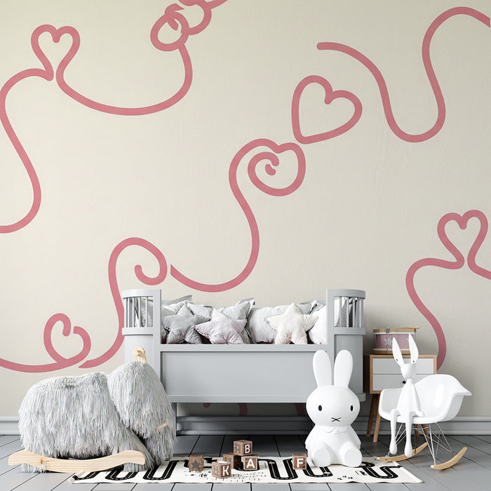 Barntapet | Mjuka kurvor och hjärtan i rosa på krämig bakgrund