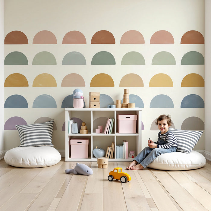 Babyzimmer Tapete | Sanfte bunte Halbkugeln auf hellem Hintergrund