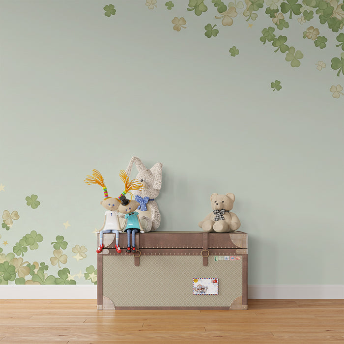Papier peint chambre bébé | Douces feuilles de trèfle sur fond pastel